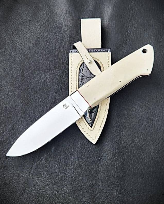MH Knives fixed blade — ivory handle with leather sheath