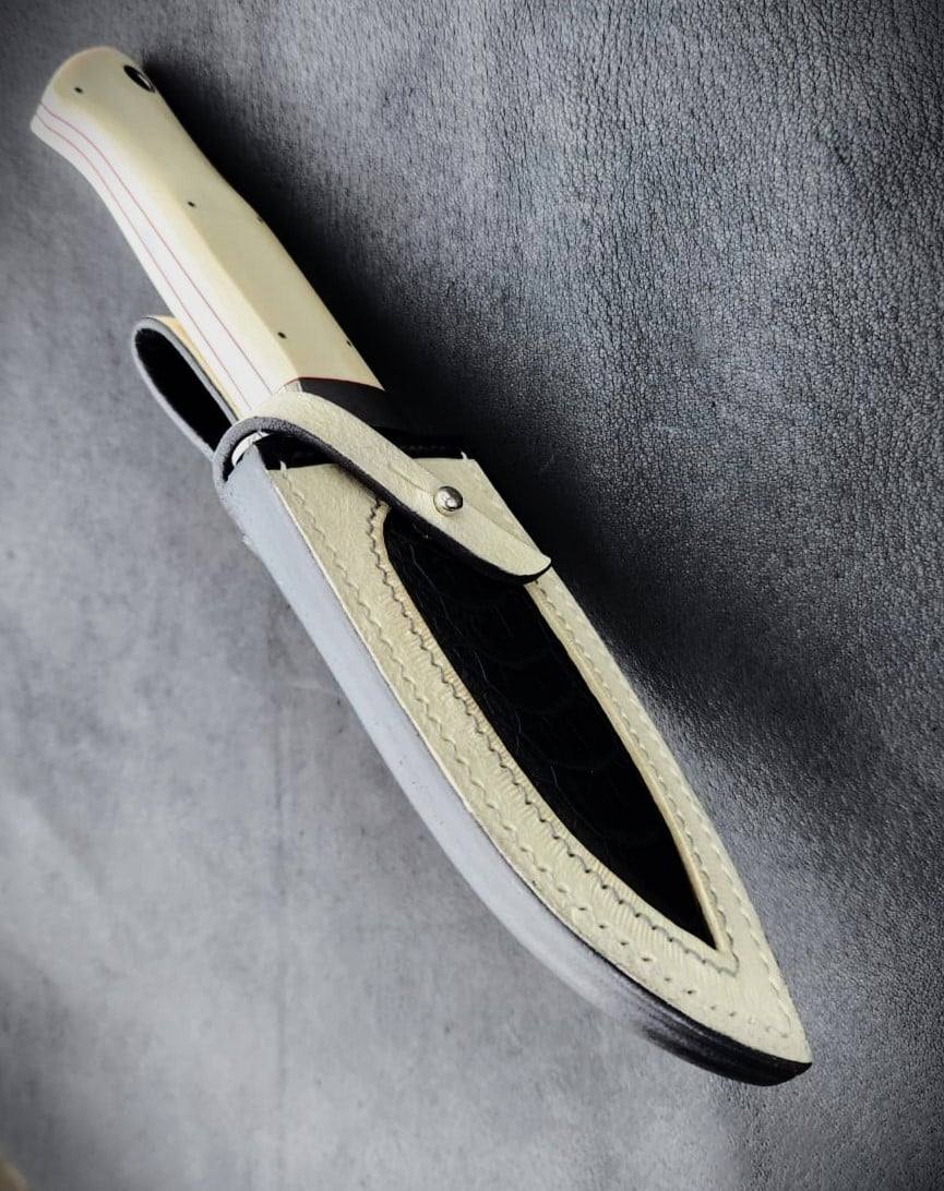 MH Knives fixed blade — ivory handle and sheath detail
