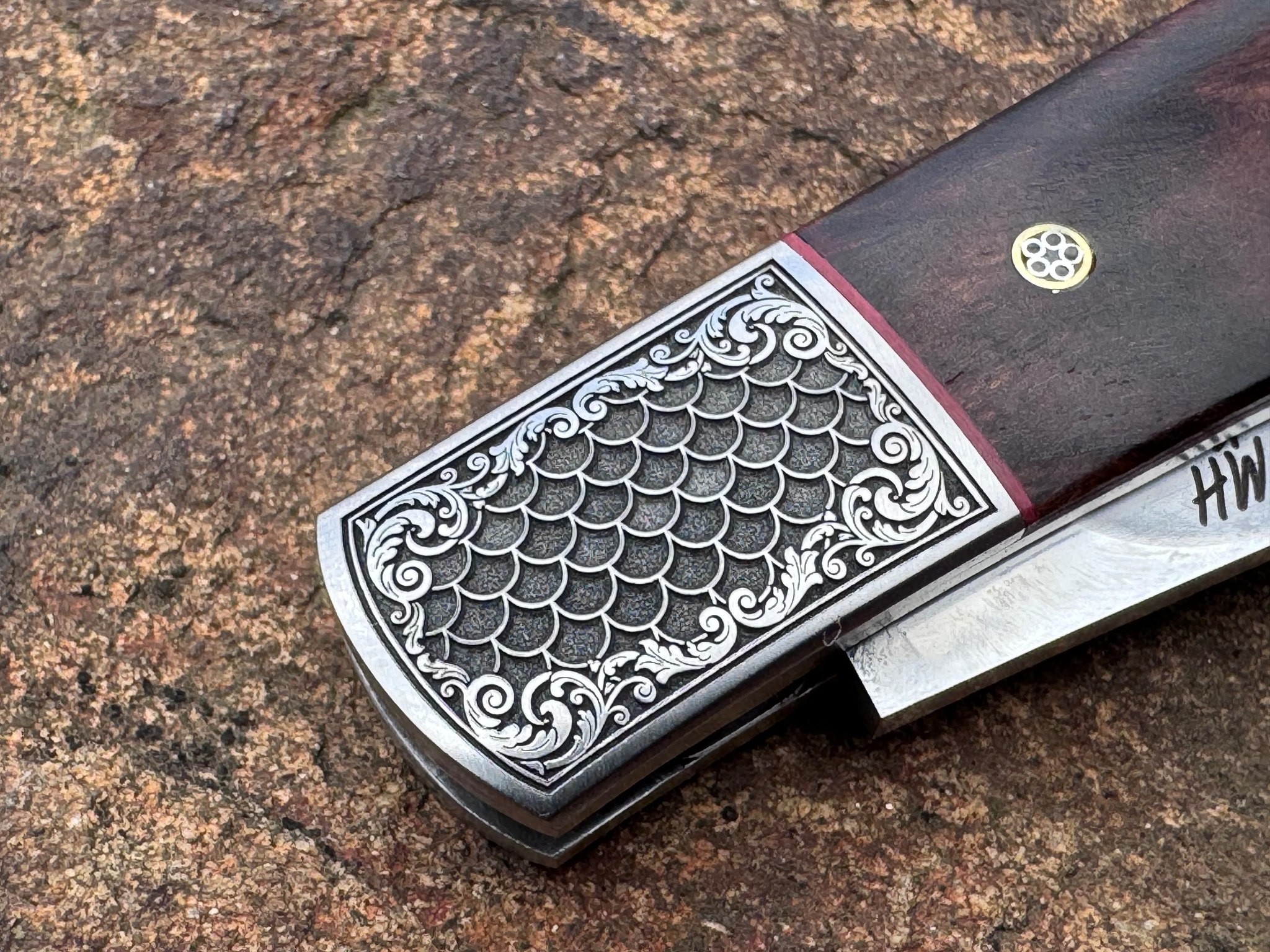 MH Knives custom slipjoint engraved bolster closeup