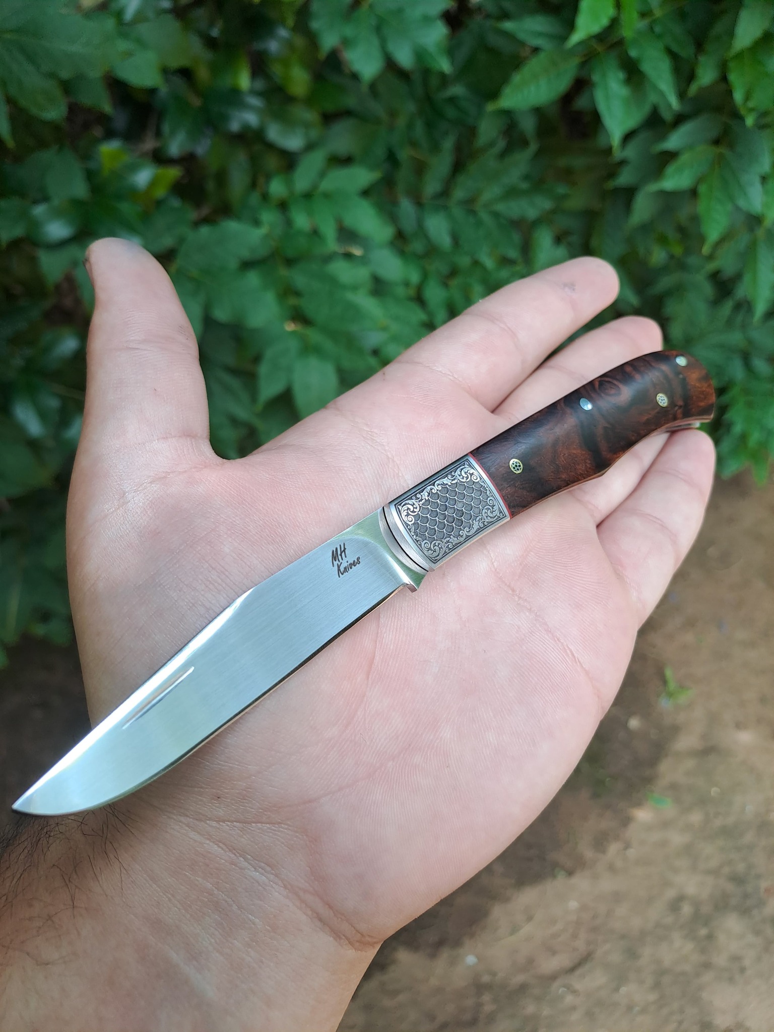 MH Knives slipjoint — ironwood handle with engraved bolster, open